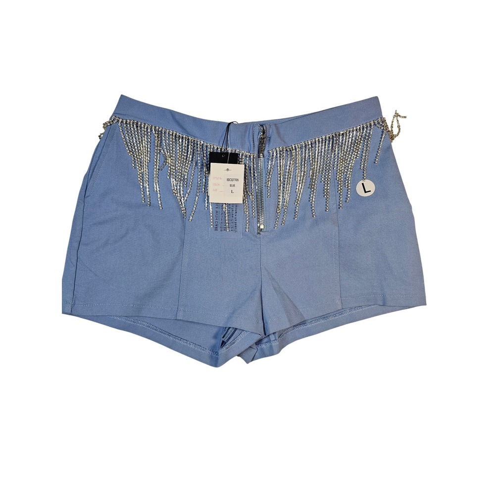 Hot & Delicious Blue Rhinestone Fringe Shorts High Waisted Festival Glam L